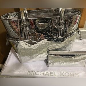 Michael Kors Shiny Silver Voyager Tote and Wallet